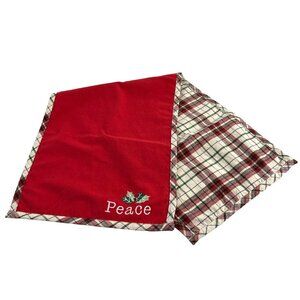 Christmas Holly Peace & Joy Table Runner With Plaid Trim